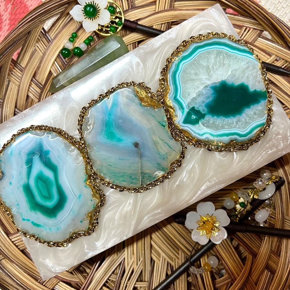 New! The “Goddess” Slices Agate and Gold Foil Hard Case Clutch Crossbody Purse - Picture 3 of 6